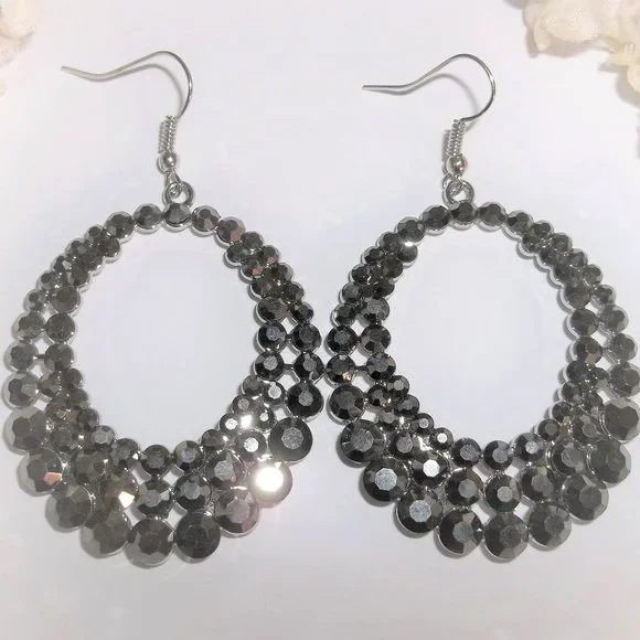 Earrings Hoops Edgy Hematite Dark Grey and Silver Rhinestone Drop Dangle A495 - Picture 3 of 5